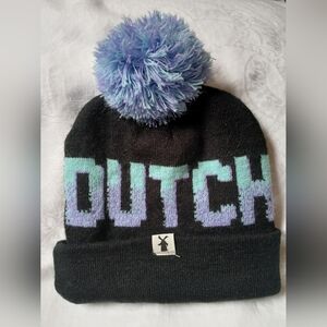 Dutch Bros Beanie Coffee Womens One Size Black Blue Spell Out Logo Pom Top